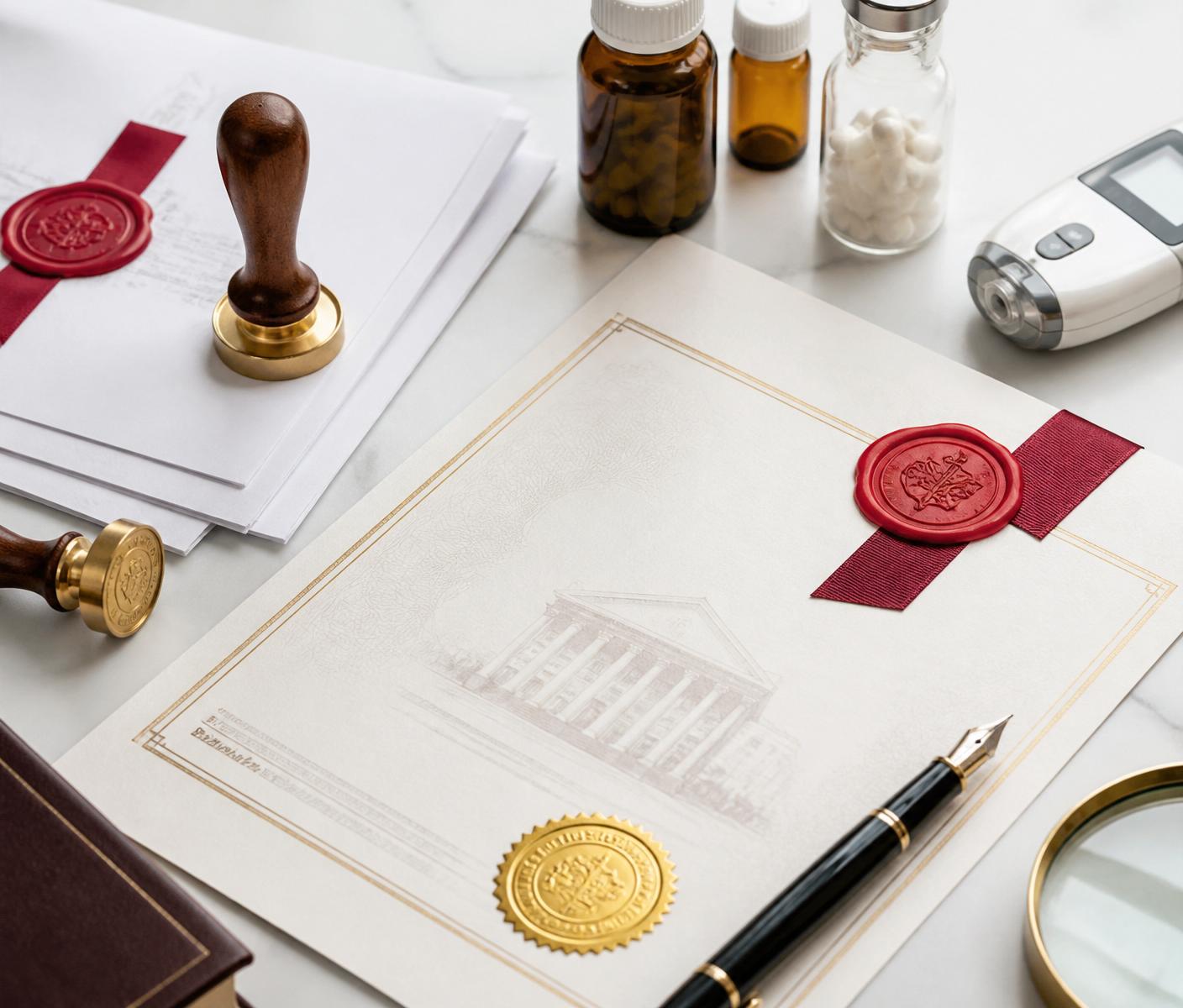 Documentos oficiales con sellos de aprobación y productos regulados